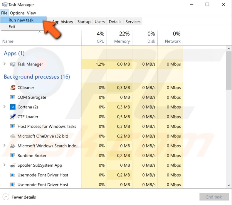 start elevated command prompt through task manager step 1