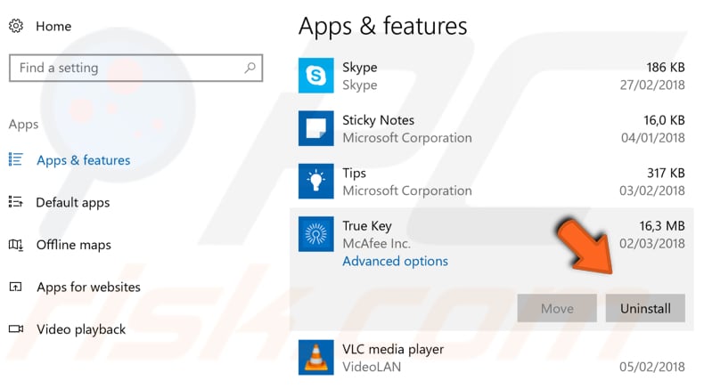 remove true key through apps step 2