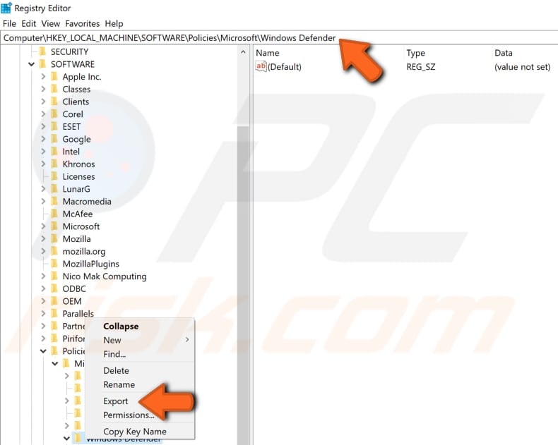 remove windows defender policies using registry editor step 2