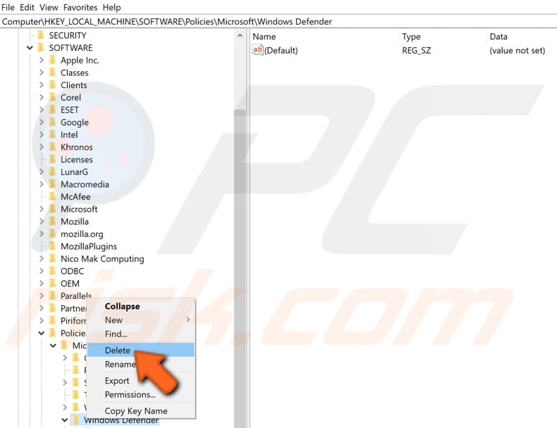 remove windows defender policies using registry editor step 3