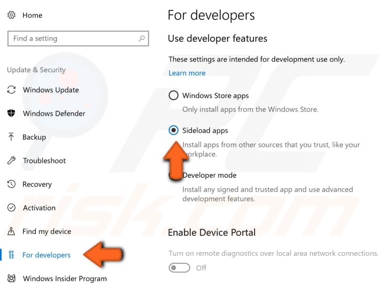 enable app sideloading step 2