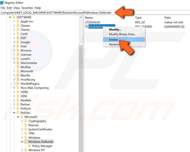 enable windows defender via registry editor step 2
