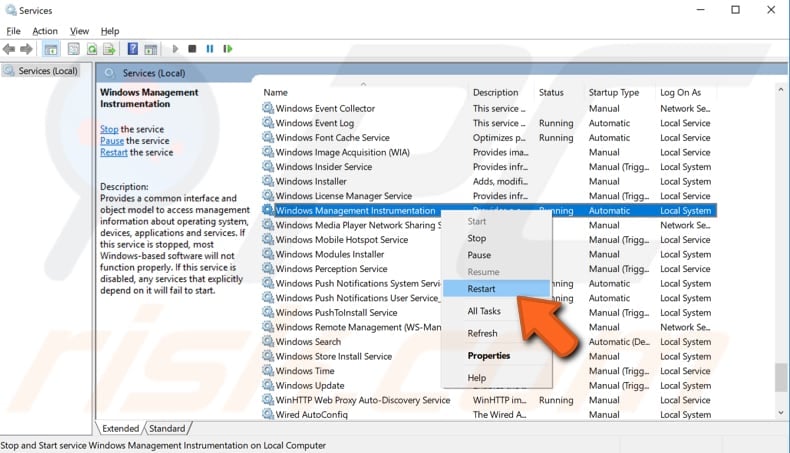 restart windows management instrumentation service step 3