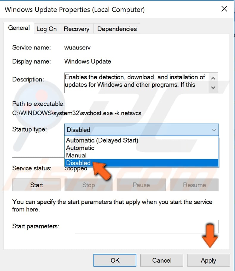 disable windows update service step 2