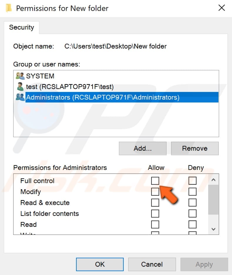 give full control to administrators step 3