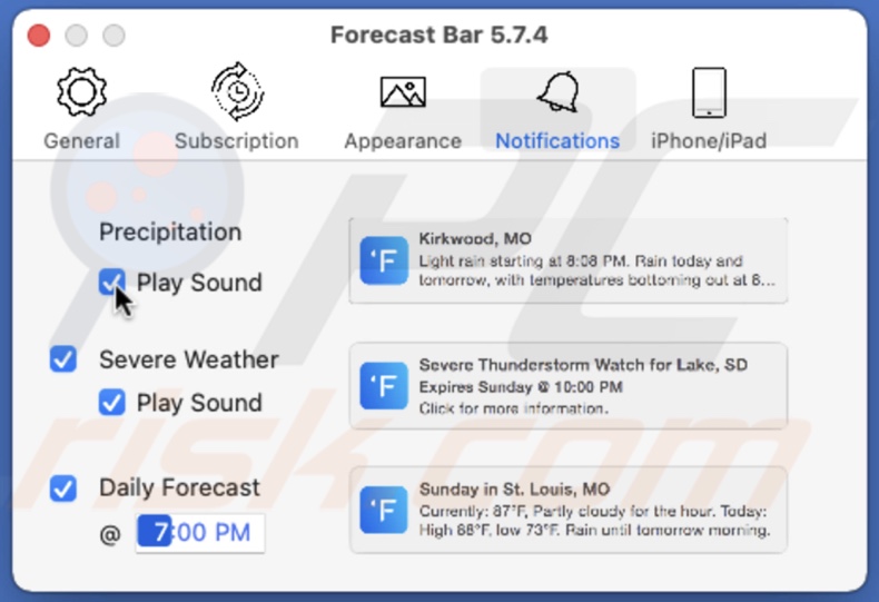 Manage notification settings in Forecast bar