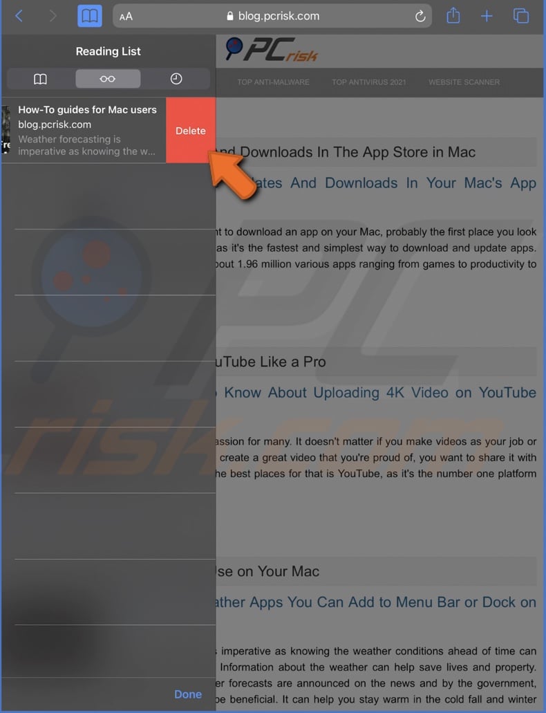 Delete website from Reading List on iPad