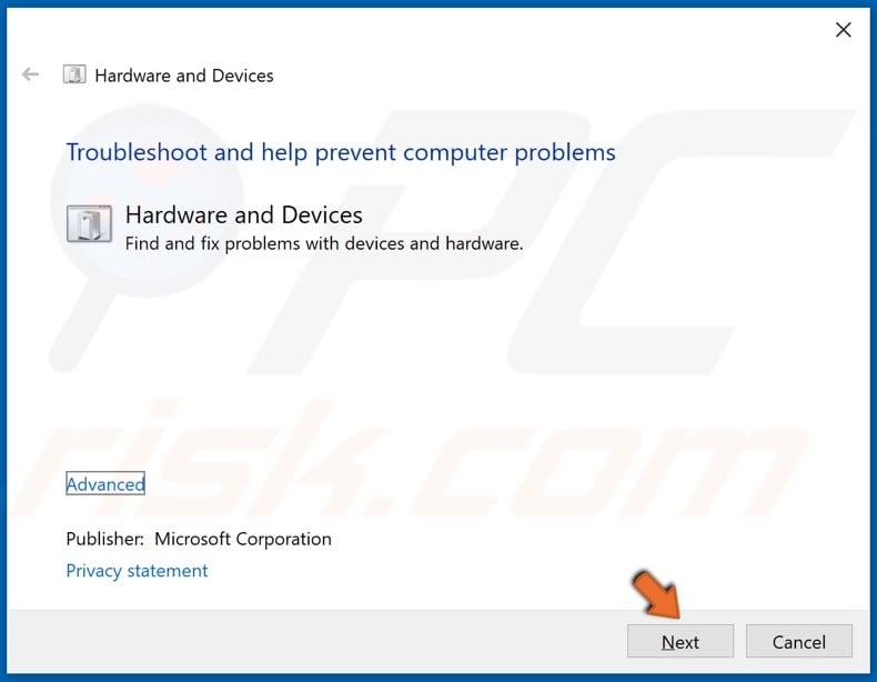 Click Next to initiate the Hardware and Device troubleshooter