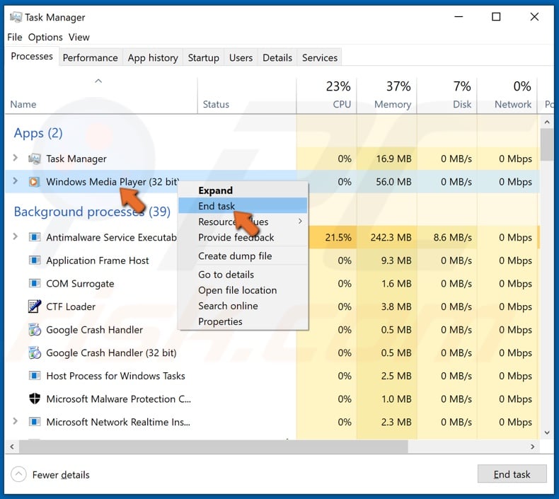 Right-click the proccess and click End task
