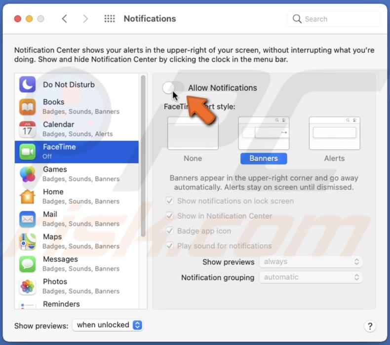 Disable Allow Notifications for selected app