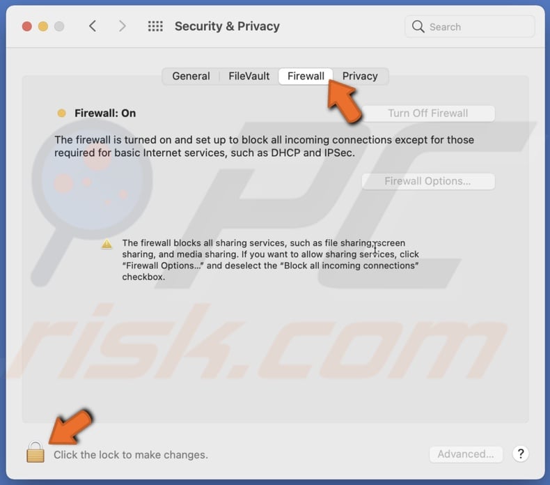Go to Firewall tab and click on lock icon