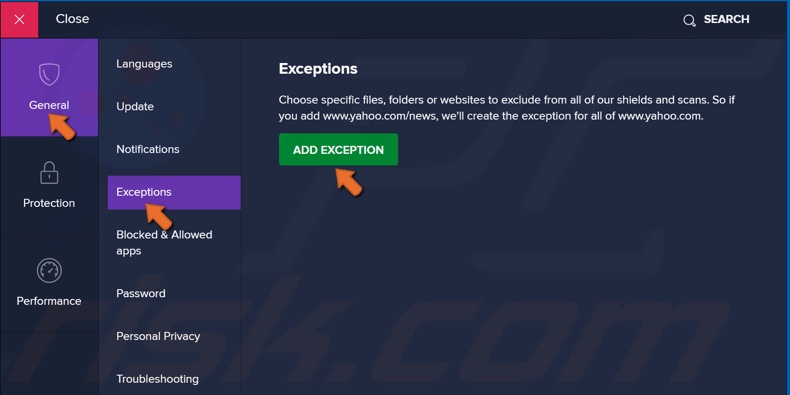 Go to the Exceptions menu