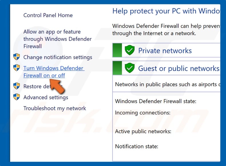 Click Turn Windows Defender Firewall on or off