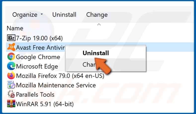 Select Avast and click Uninstall
