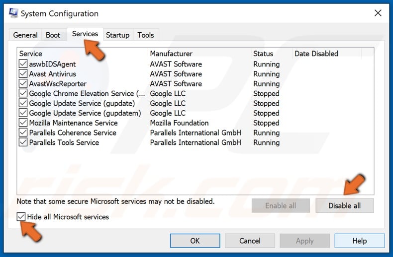 Tick Hide all Microsoft services and click Disable all