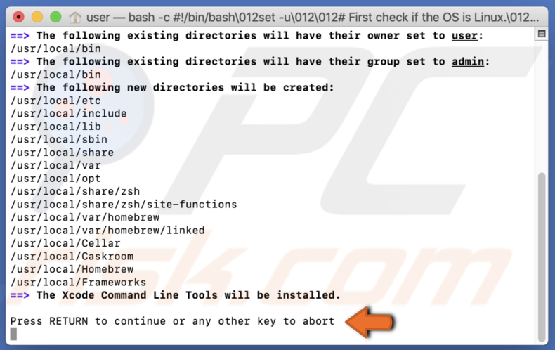 Press Enter to confirm the installation of Homebrew