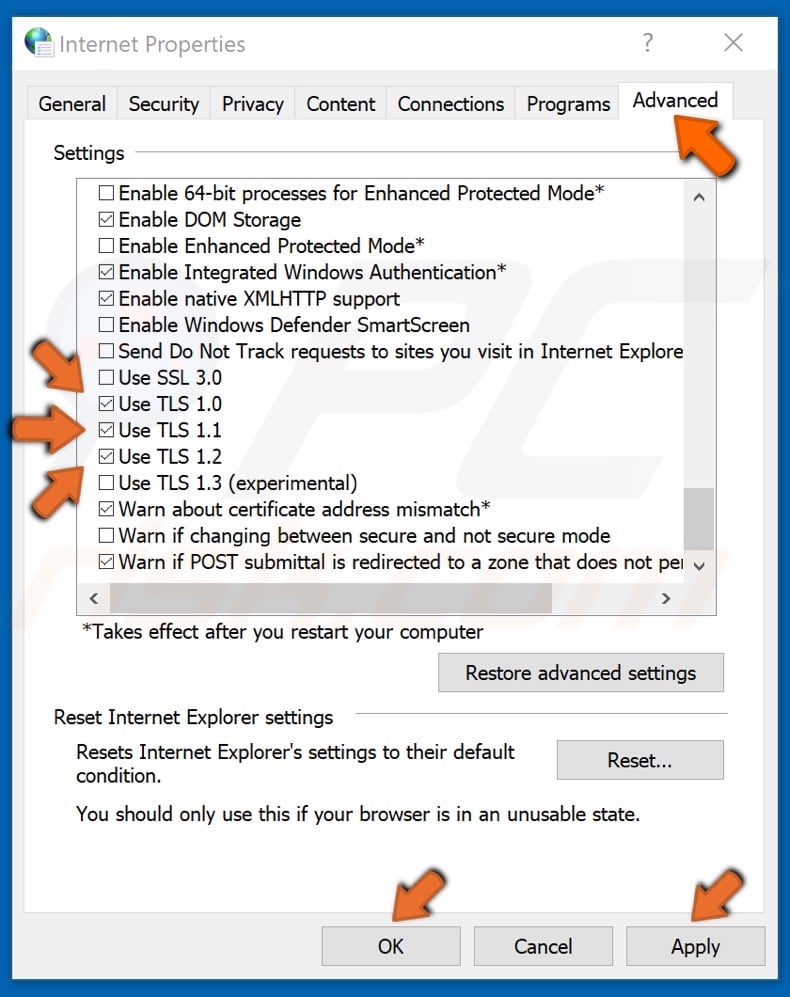 Tick the TLS-related checkboxes and click OK