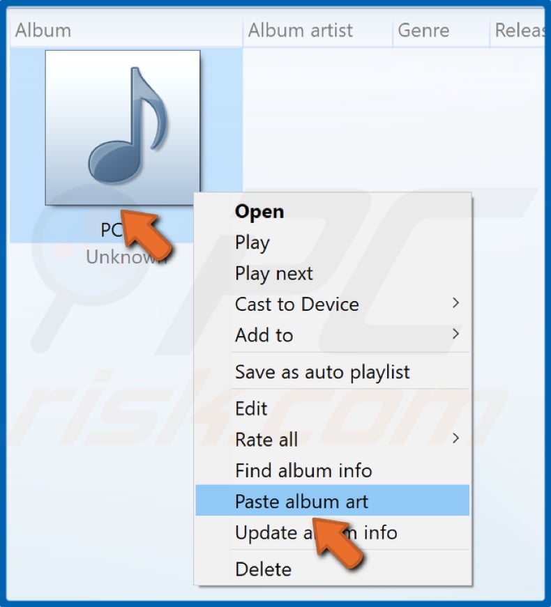 Right-click the album and click Paste album art