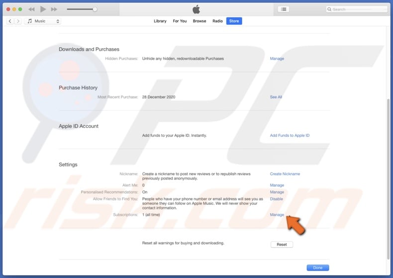 Manage iTunes subscription