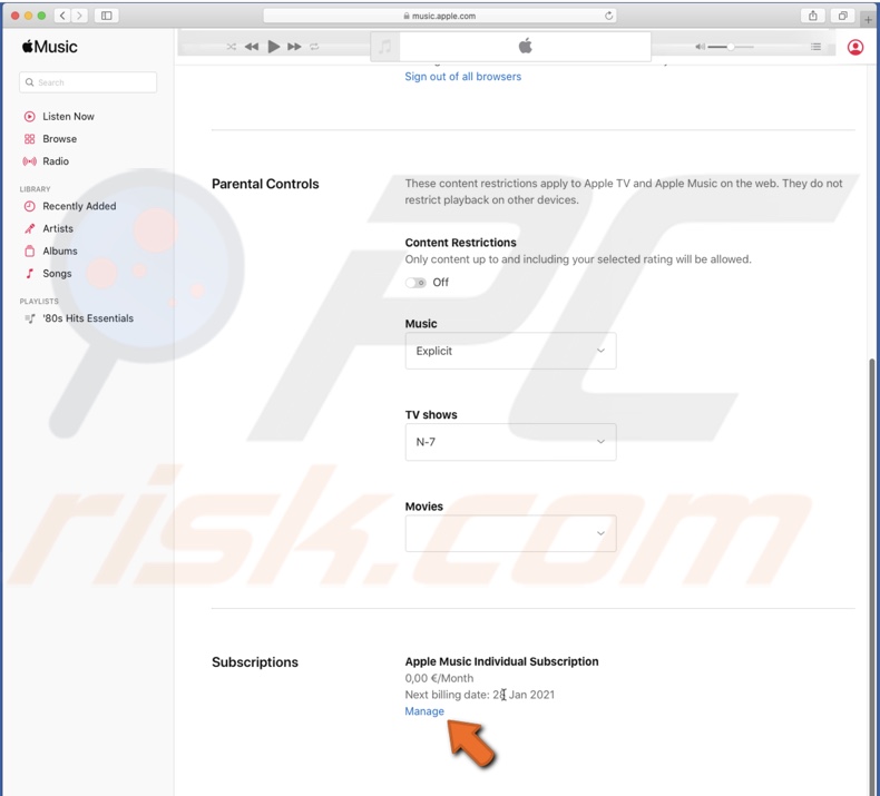 Manage Apple Music subscription in web