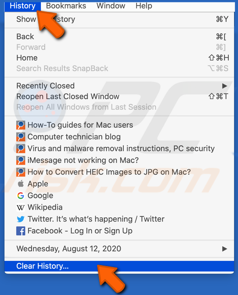 Clear browsing history in Safari browser