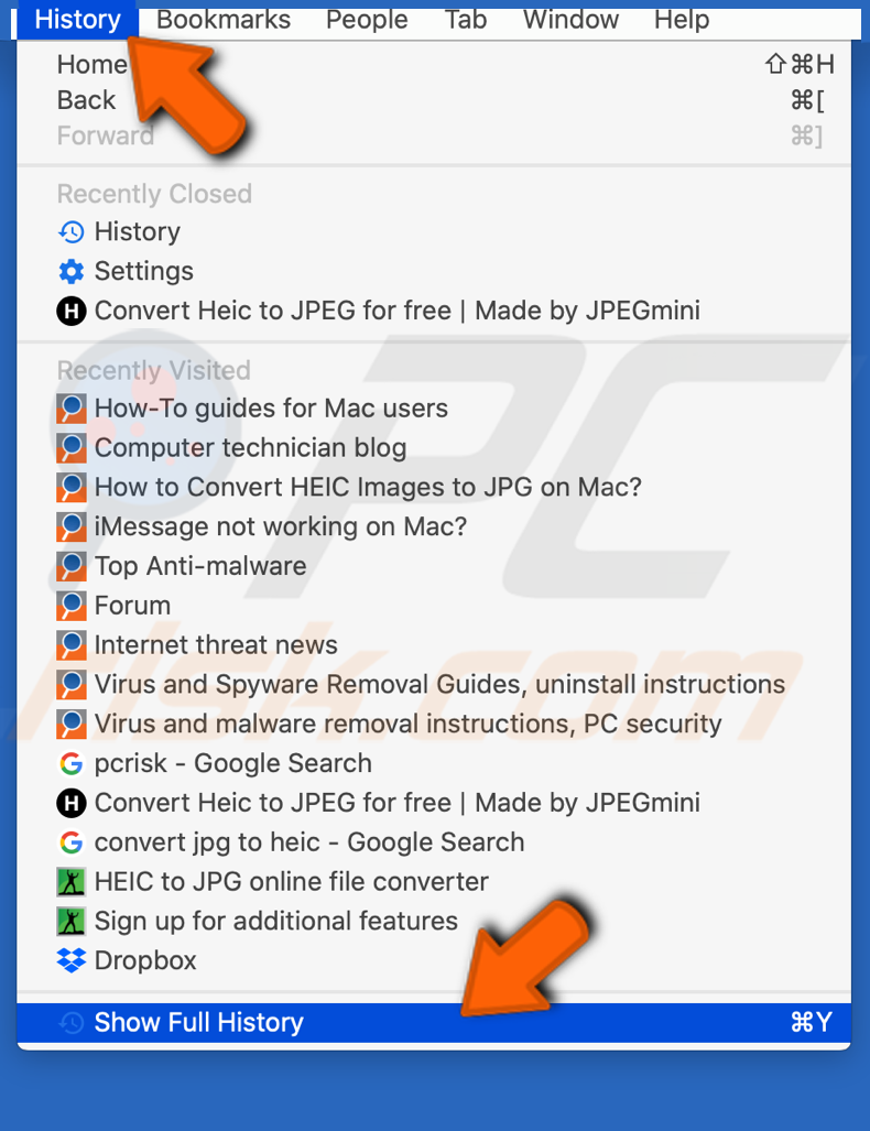 Access Chrome browser history in the menu tab 