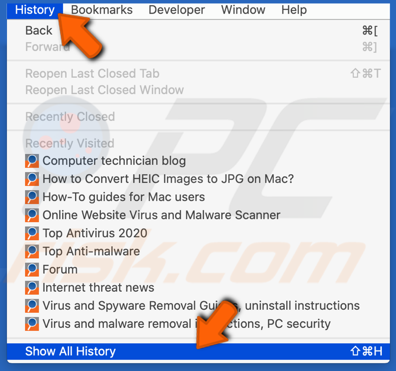 Open Opera browser history in menu tab