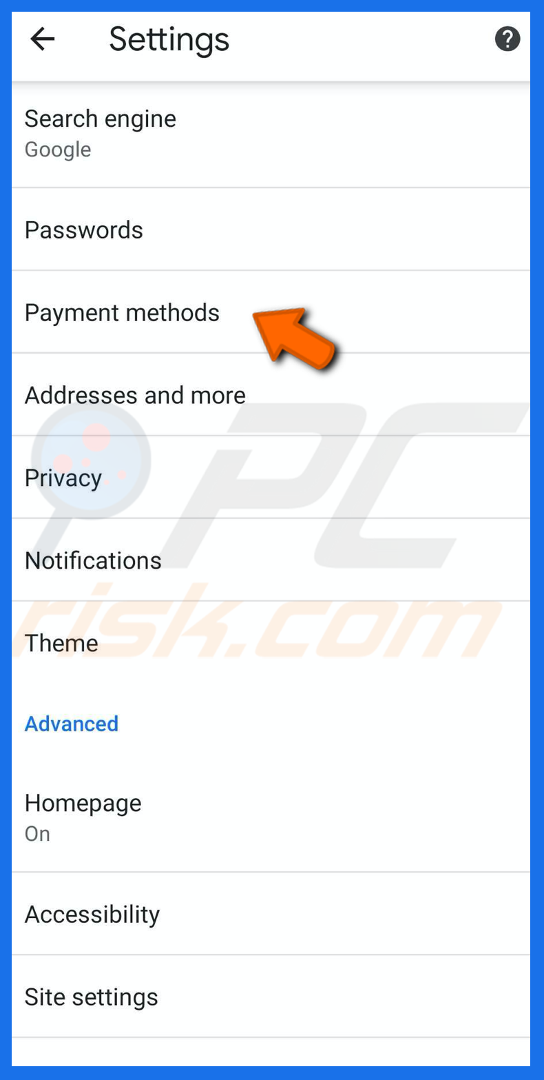 Go to payment methods in chrome on iPhone