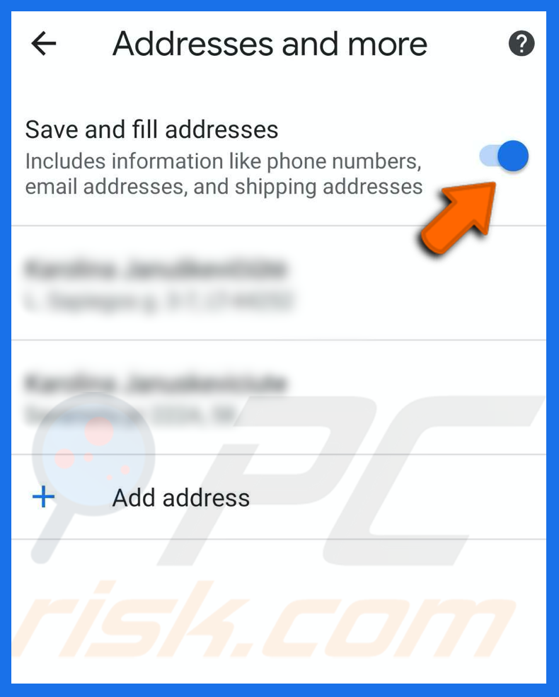 turn off save and fill addresses in chrome on iPhone