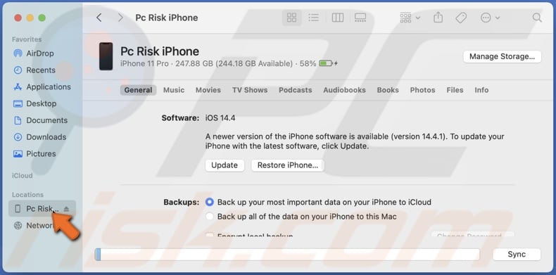 Click on your device name in Finder