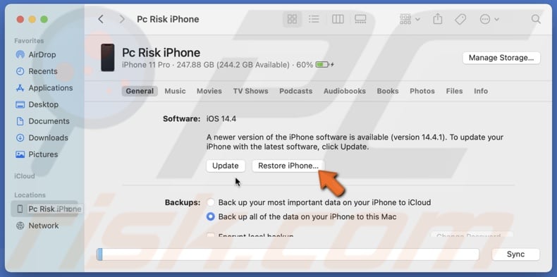 Click on Restore device