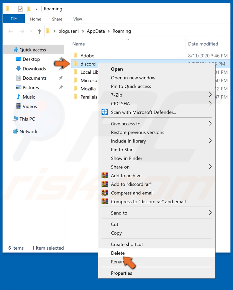 Right-click Discord's folder and click Delete