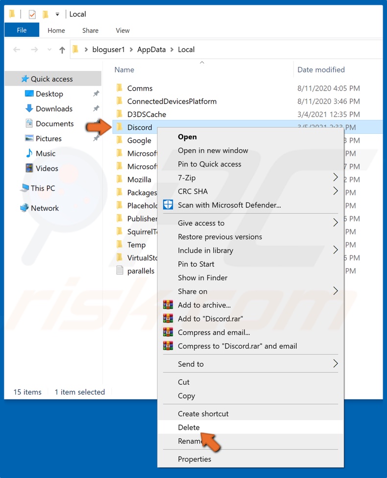 Right-click Discord folder and click Delete
