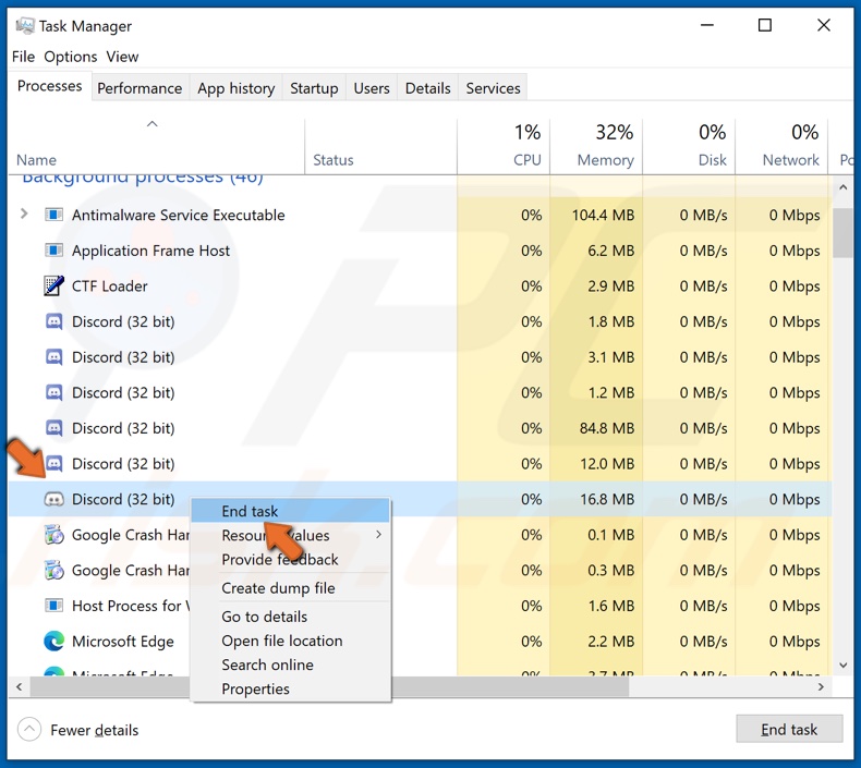 Right-click Discord process and click End task