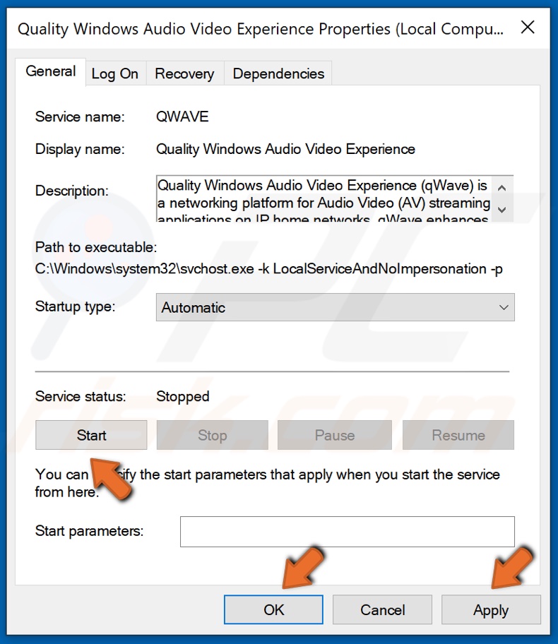 Start qWave service and click Apply and click OK