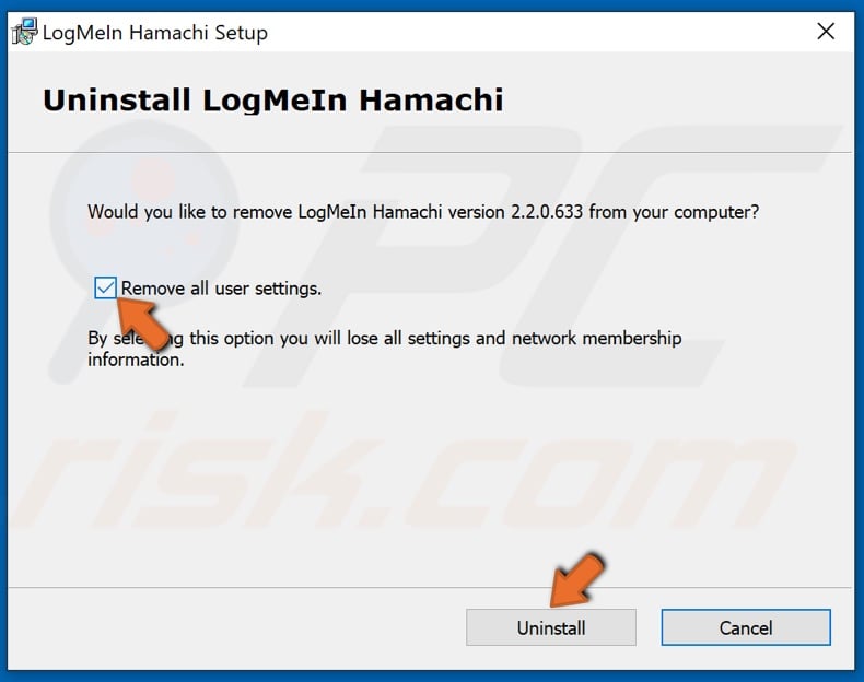 Tick Remove all user settings and click Uninstall