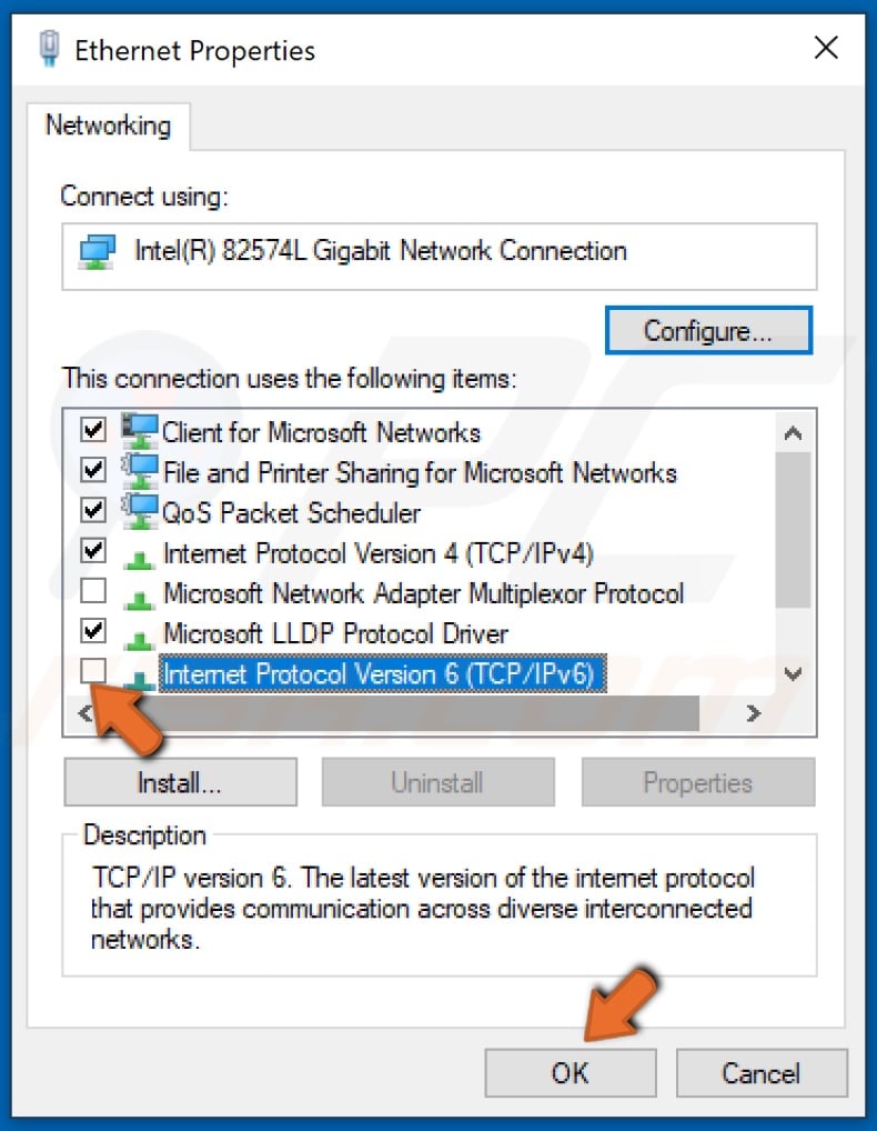 Untick the checkbox next to IPv6 and click OK