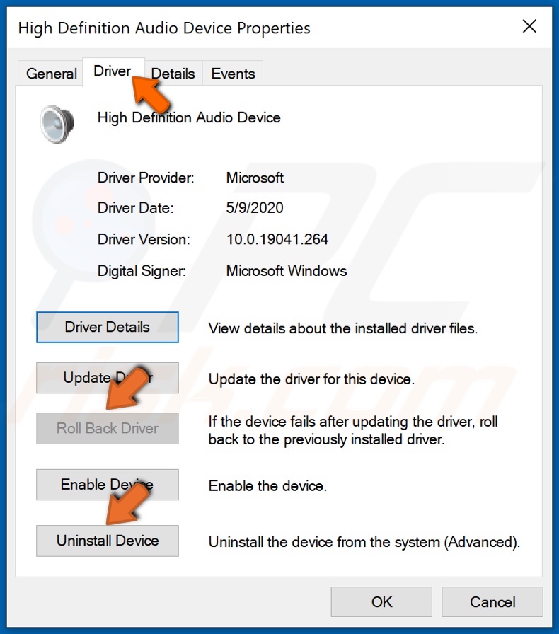 Click Roll Back Driver or click Uninstall Device