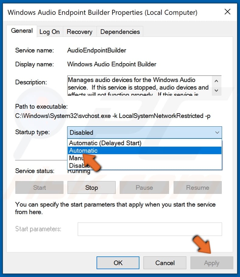 In AudioSendpointBuilder Properties click Automatic and click Apply
