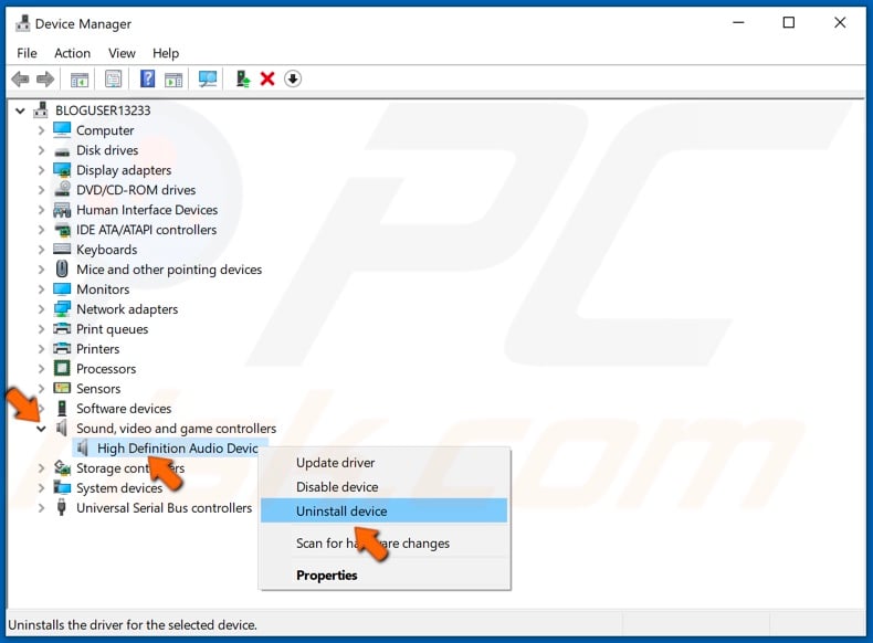 Right-click audio dervice and click Uninstall device