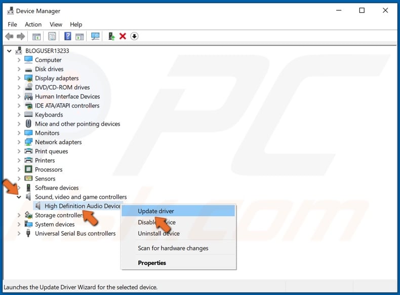 Right-click audio device and click Update driver