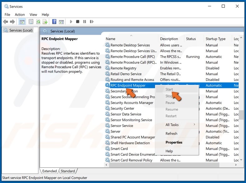 Right-click RPC Endpoint Mapper and click Start
