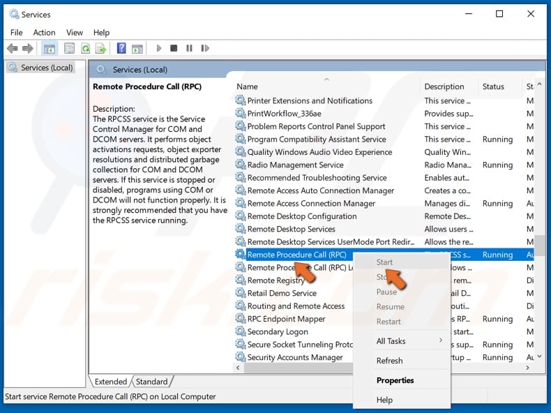 Right-click Remote Procedure Call (RPC) and click Start