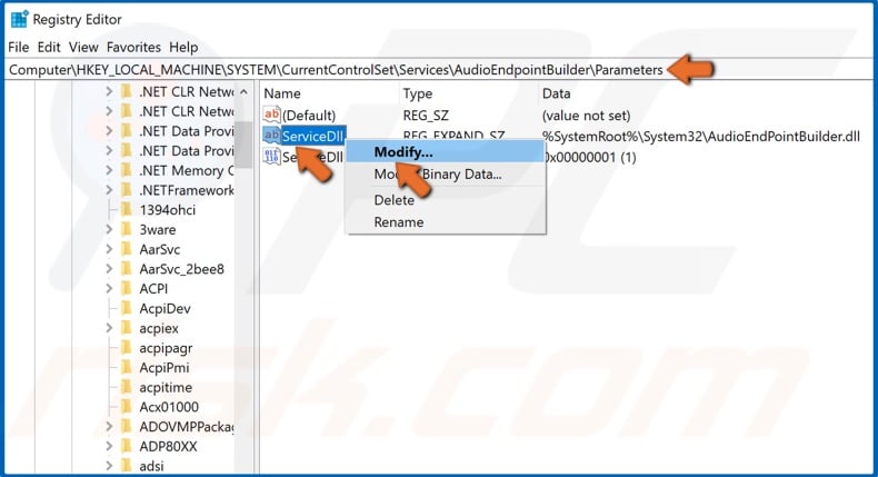 Right-click ServiceDll and click Modify