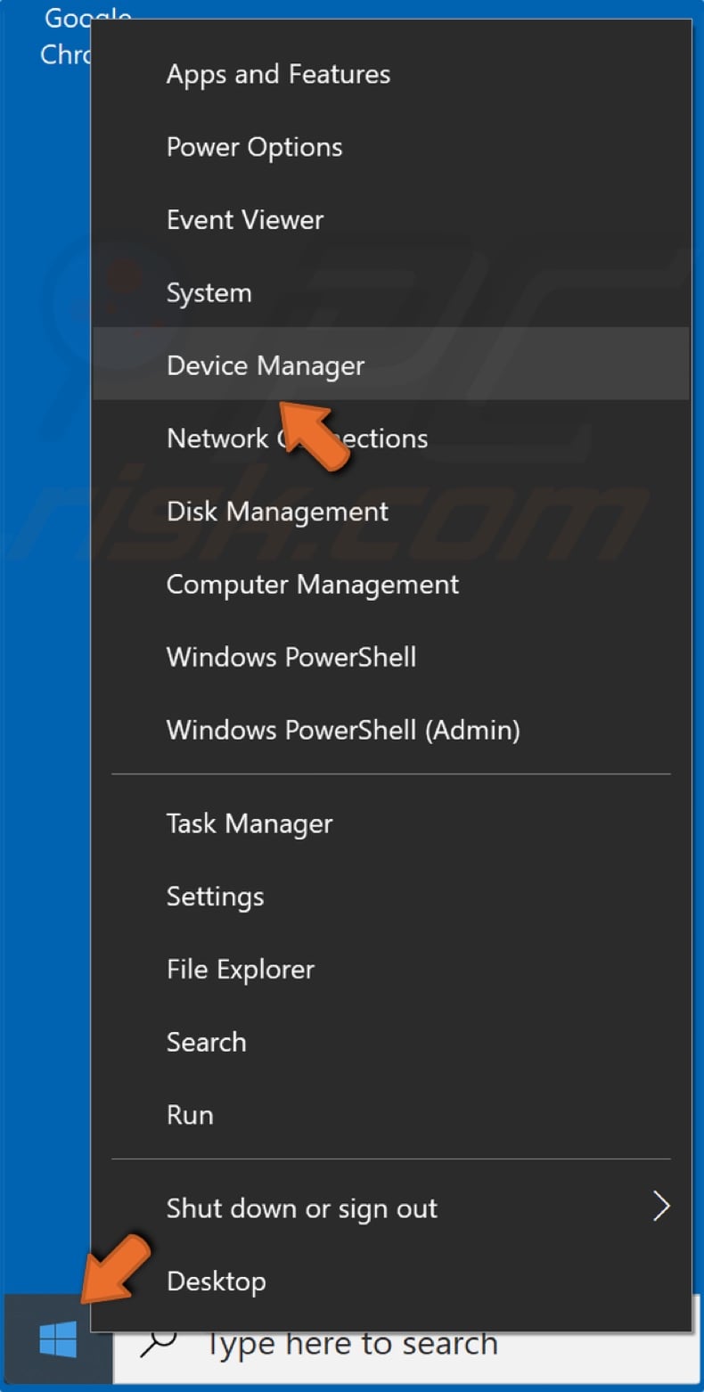 Right-click Start menu button and click Device Manager