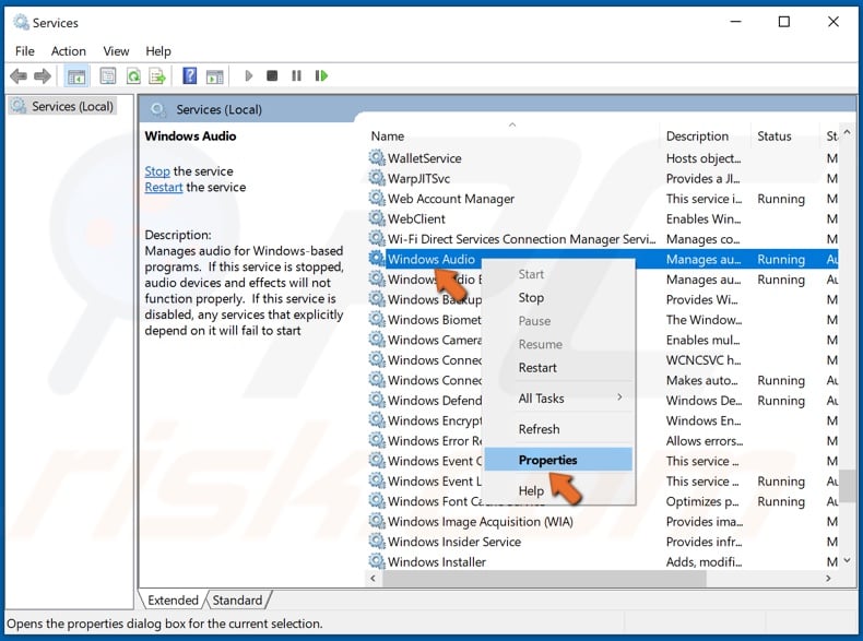 Right-click Windows Audio and click Properties