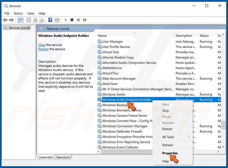 Right-click Windows Audio Endpoint Builder and click Properties