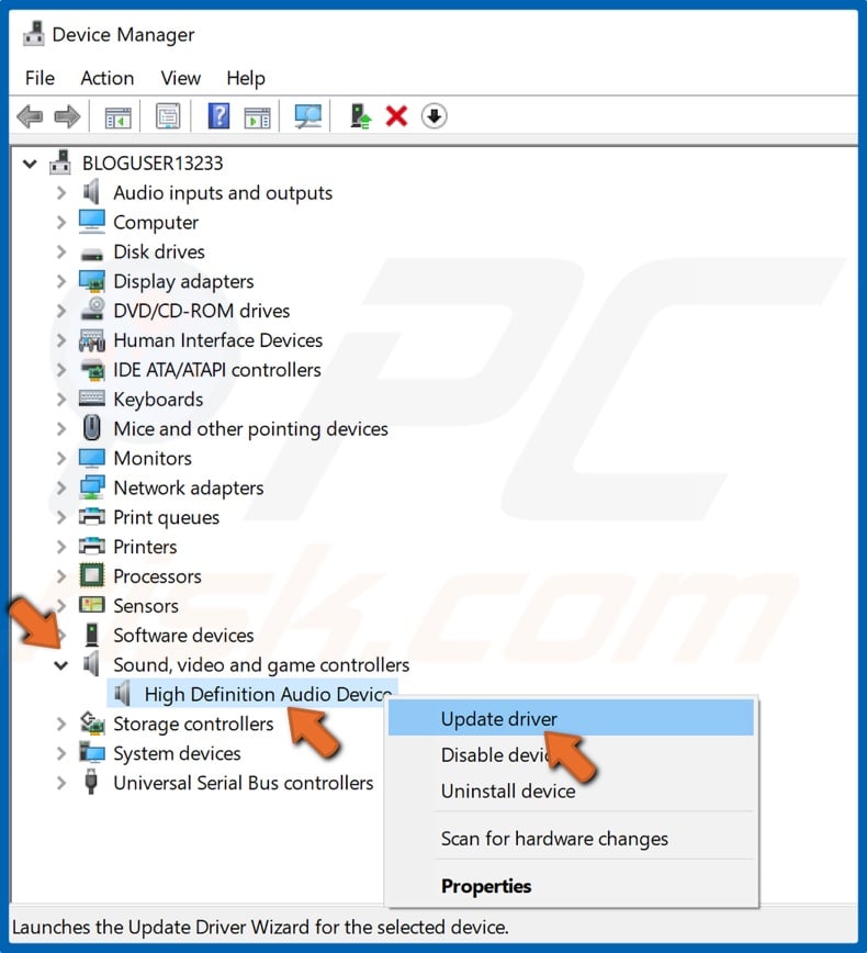 Right-click the audio device and click Update driver