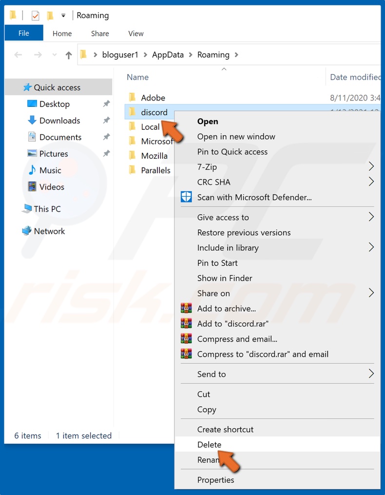 Right-click the discord folder and click Delete