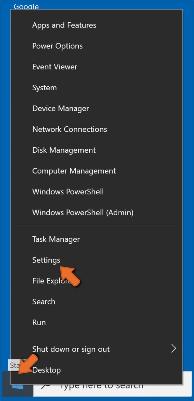 Right-click Start menu and click Settings